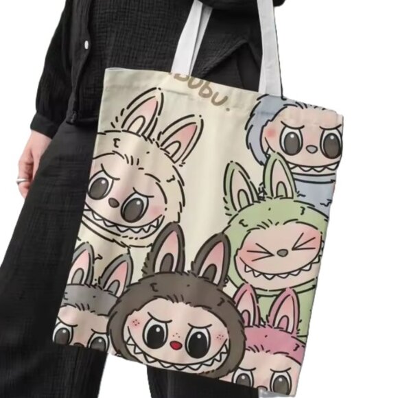 Handbags - Labubu Tote Bag Cute Cartoon Print Canvas Shoulder Bag 14x16
